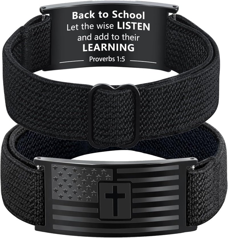 LDOWWGL Valentines Day Gifts - Mens Bracelet - American Flag Christian Cross Bracelet for Boys - Adjustable Black Elastic Stretch Strap with Bible Verse - Gift for Son Grandson - Image 1
